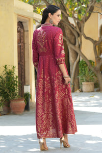 Juniper Maroon Rayon Printed Jacket Style Kurta Pant Set