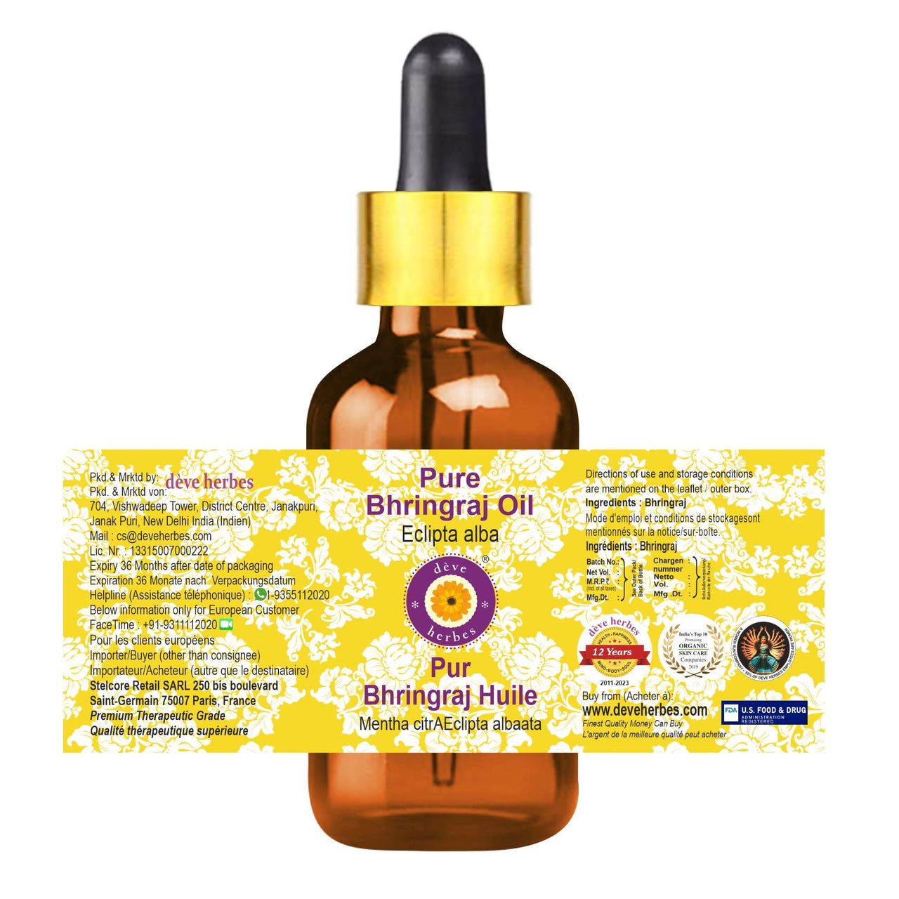 Deve Herbes Pure Bhringraj oil (Eclipta alba) With Glass Dropper Natural Therapeutic Grade 15ml