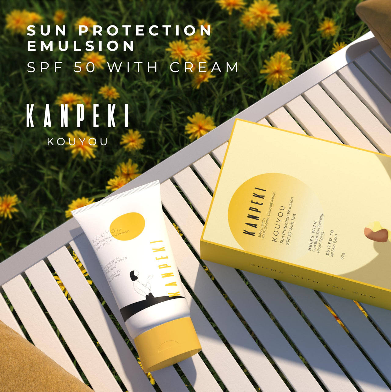 Kanpeki Kouyou Sun Protection Emulsion SPF 50 with Tint for Uneven Skin Tone| Lightweight Broad Spectrum PA ++ with No White Cast | Suitable for All Skin Type, 60g