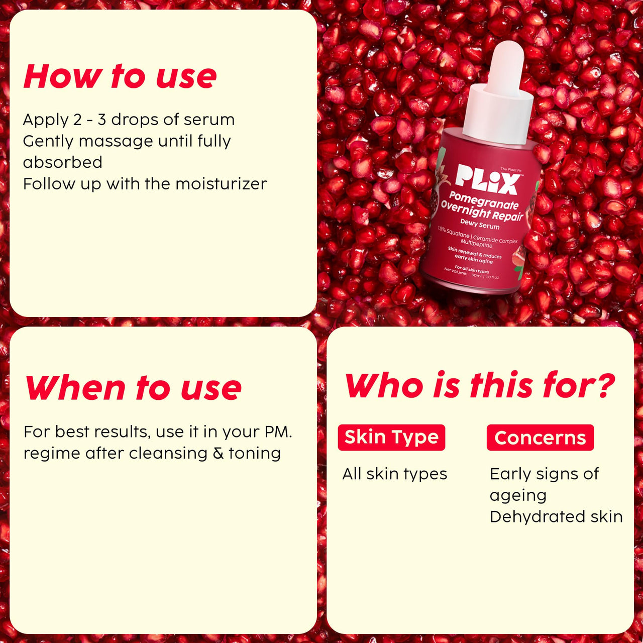 PLIX - THE PLANT FIX Pomegranate Overnight Repair Dewy Serum (30ml) for Ageless Younger Skin | Reduce Fine Lines & Wrinkles | Collagen Boosting, Hydrating Serum for Women & Men | Anti-ageing