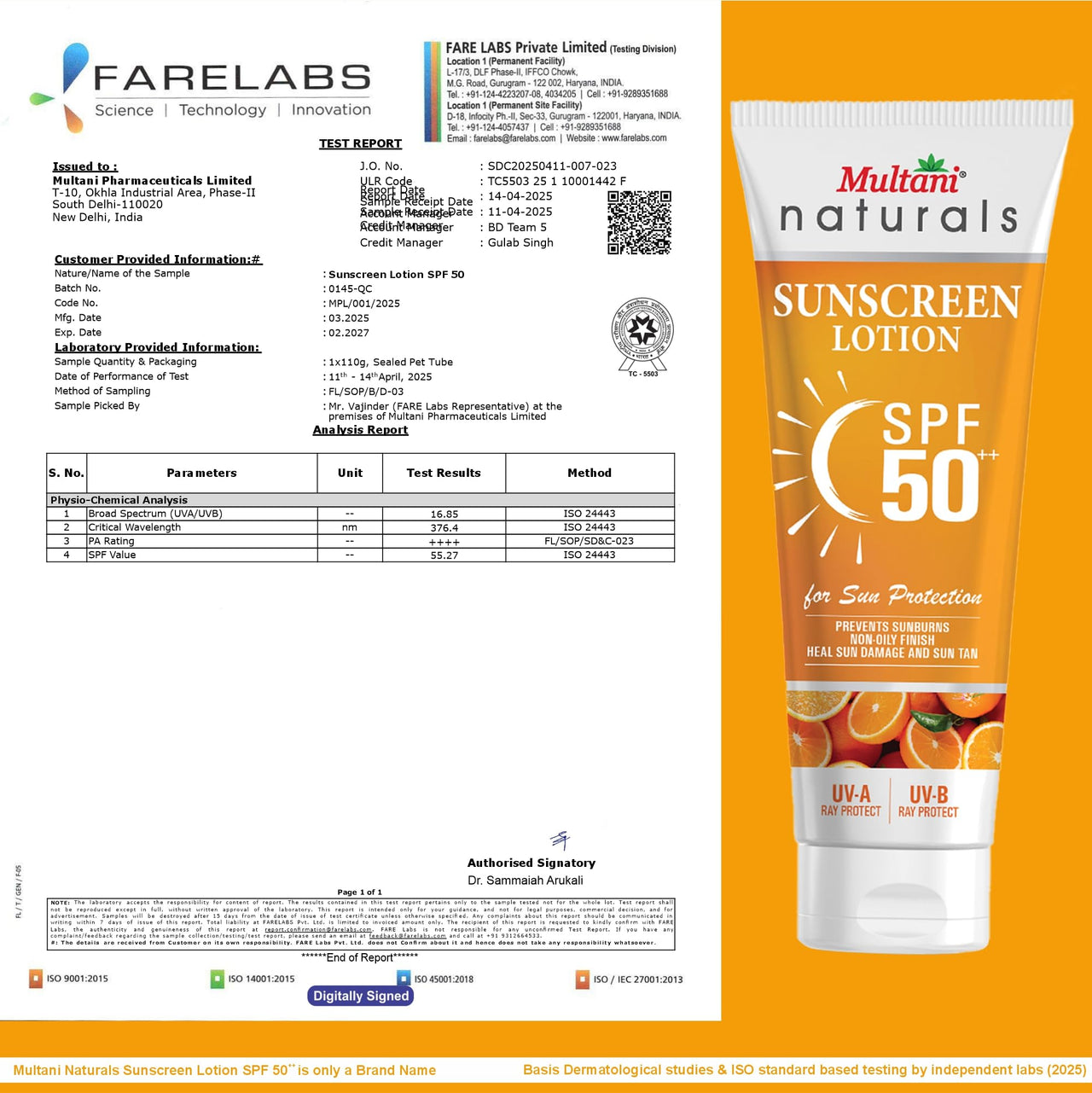 Multani Naturals Sunscreen Lotion SPF 50++ | Broad Spectrum UVA/UVB | Blue Light Protect | No White Cast | Water Resistant, Ultra Light & Non Sticky | For Oily, Dry & Sensitive Skin | For Women & Men | Free From Paraben, Mineral Oil & Sulphate |100ml