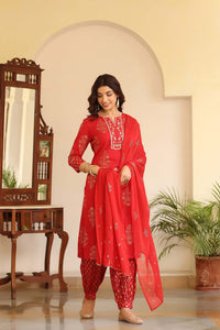 Vaamsi Women's  Cotton Solid Embroidered Kurta Pant Dupatta Set