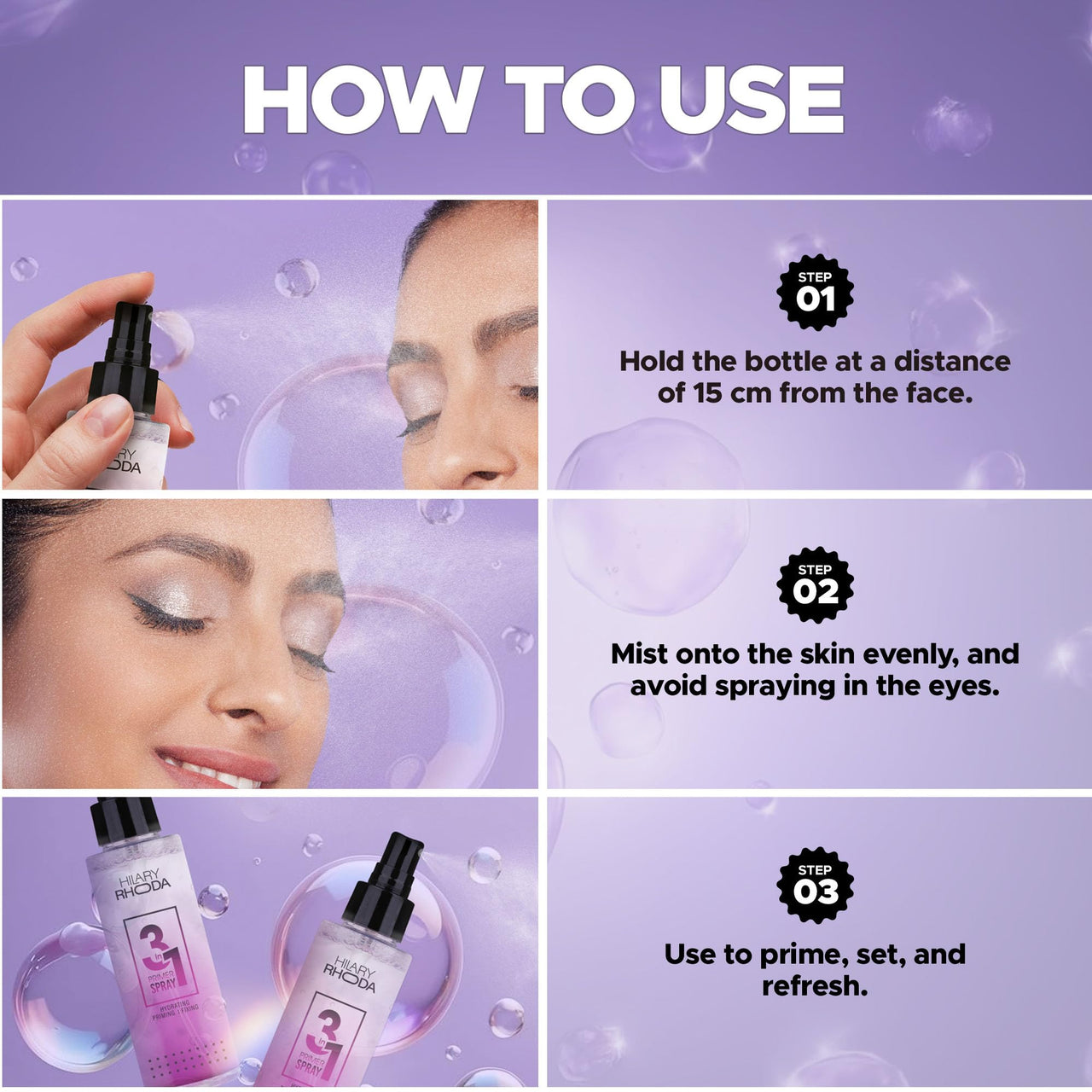 Hilary Rhoda 3-in-1 Primer Spray | Water-Based Primer & Setting Spray | Refreshes Face & Blurs Pores | Dewy Finish | Oil Control | Lasts All Day Long | 120 ml