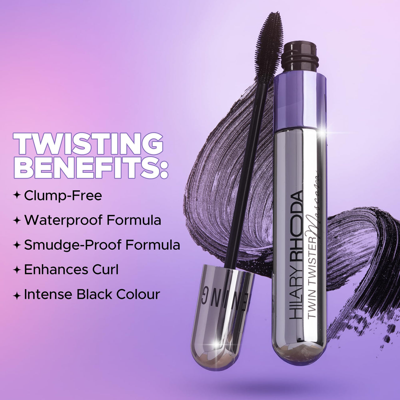 Hilary Rhoda Twin Twister Mascara | Volumises & Lengthens | Waterproof & Smudge-Proof Formula | Enhances Curl & Clump-Free | Highly Pigmented - 12ml