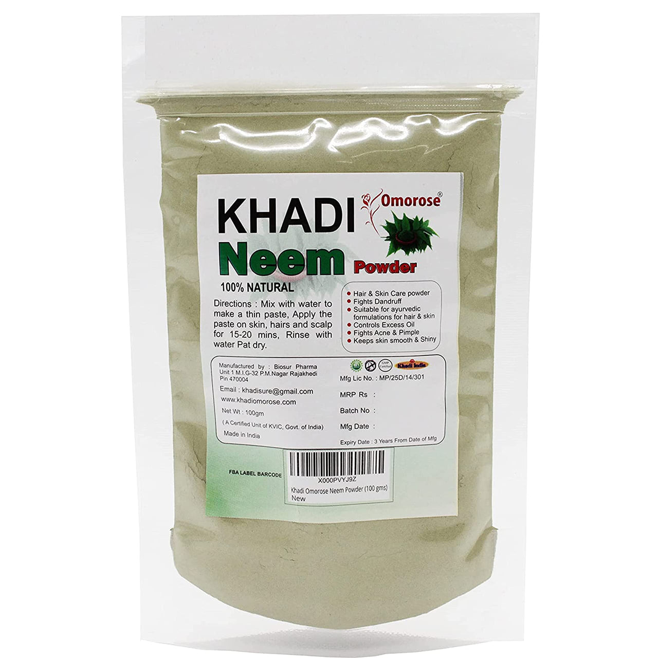 Khadi Omorose Neem Leaves Powder For Skin & Hair,100 Grams Zipper Stand Pouch
