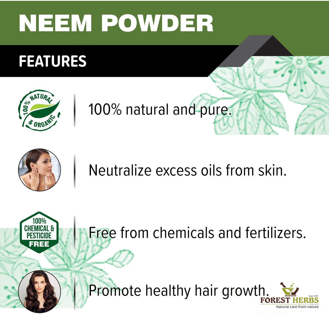 The Forest Herbs Natural Care From Nature 100% Pure Neem Leaves Powder 200 Grams (Sun Dried & Stemless) for Face, Skin, Hair Growth Pack