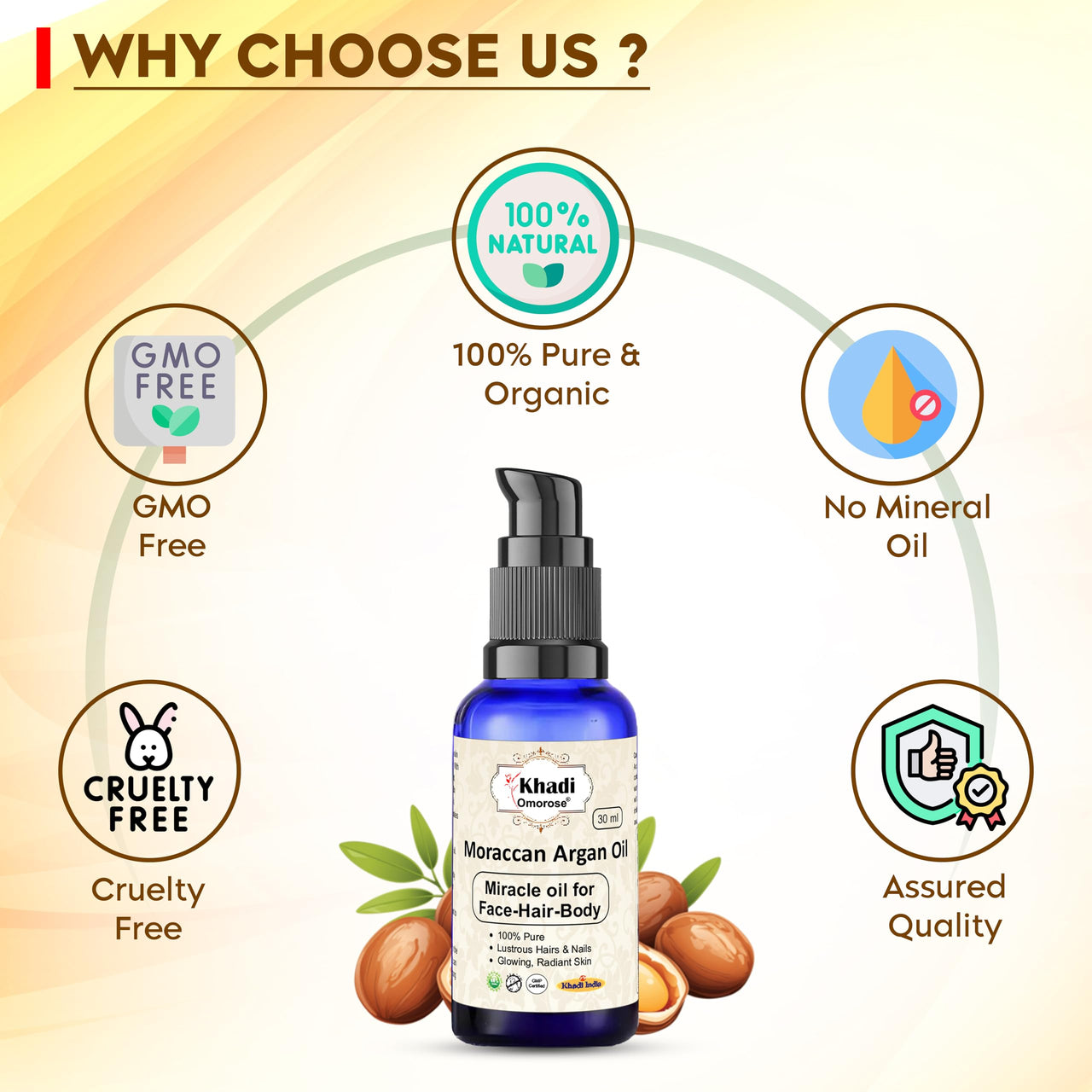 Khadi Omorose Moraccan Argan Oil, Cold Pressed Organic, 30ml, for Skin, Hair & Anti-Ageing Face Care ! 30 ml