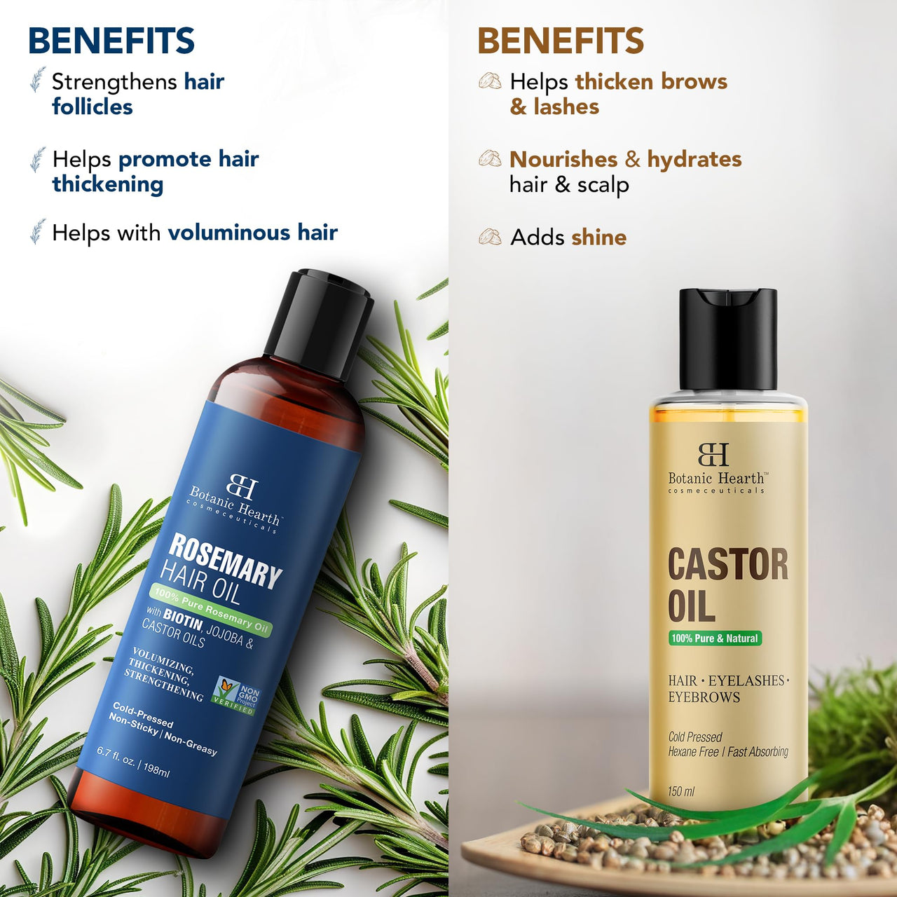 Botanic Hearth Castor Hair Oil, 150 ml & Rosemary Hair Oil, 198 ml Combo Set – Nourishing Hair Treatment for Strengthening, Growth & Scalp Care – 100% Pure & Natural Oils