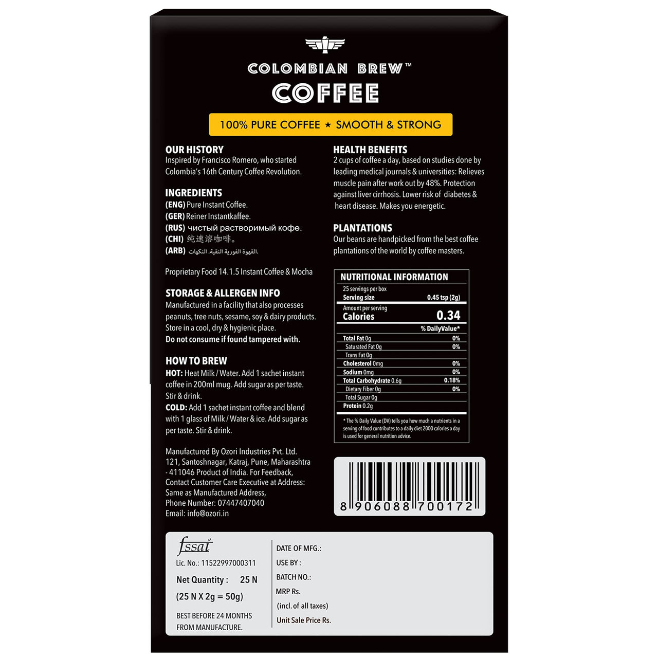 Colombian Brew Original instant Coffee 50g & Hazelnut Instant Coffee 50g