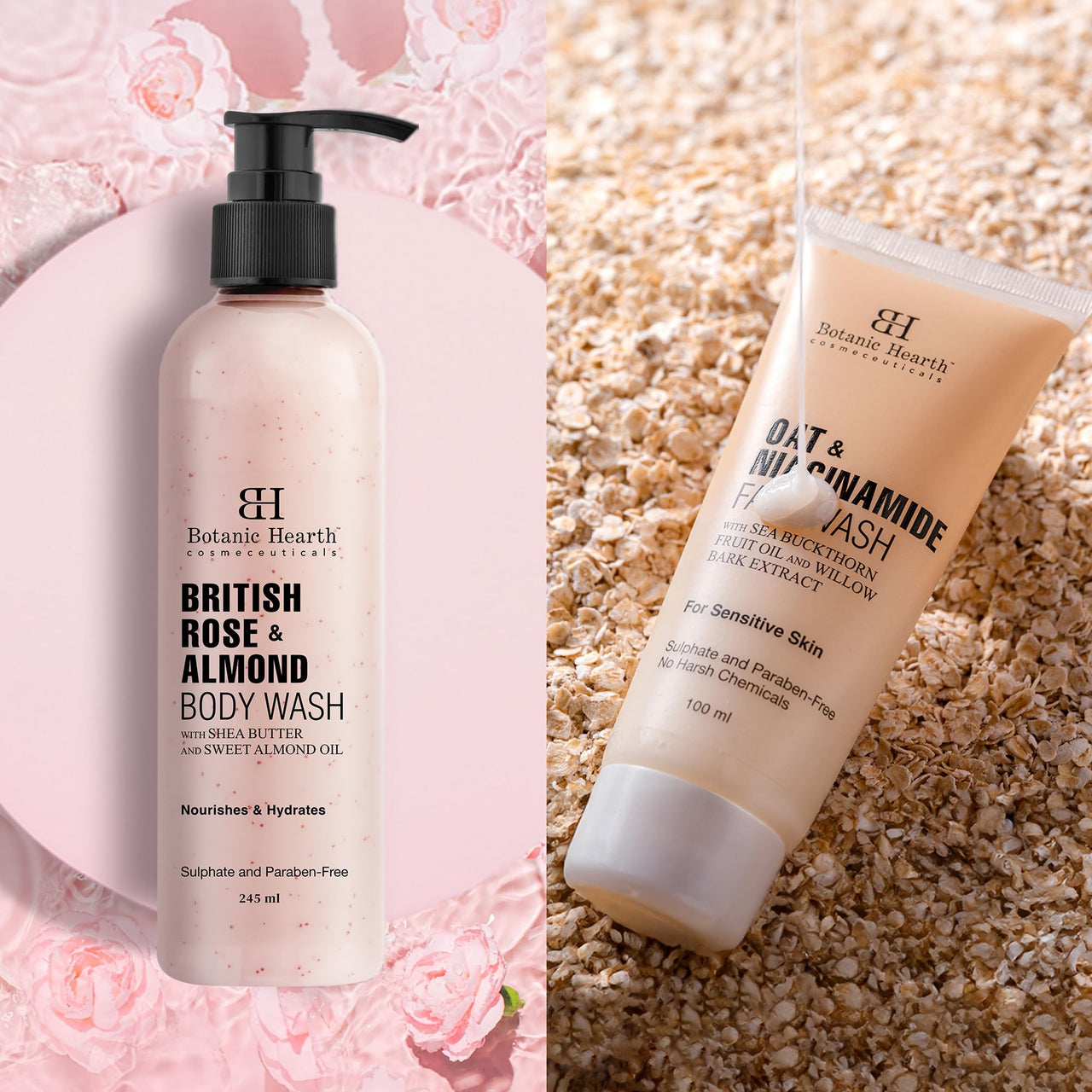 Botanic Hearth Oat & Niacinamide Face Wash and British Rose & Almond Body Wash (Pack of 2) for Men and Women