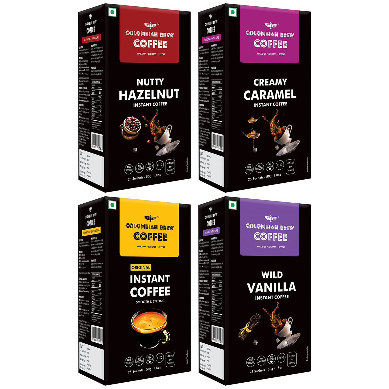 COLOMBIAN BREW COFFEE Hazelnut, Caramel, Vanilla and Pure Instant Coffee Powder, No Sugar Vegan, 4 X 50g