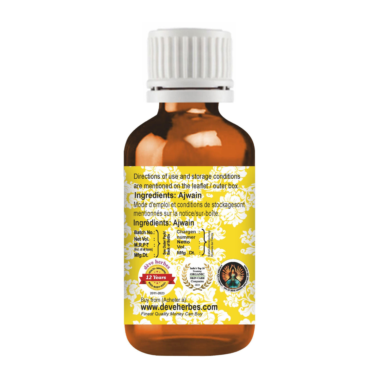 Deve Herbes Pure Ajwain Essential Oil (Trachyspermum ammi) Steam Distilled 30ml