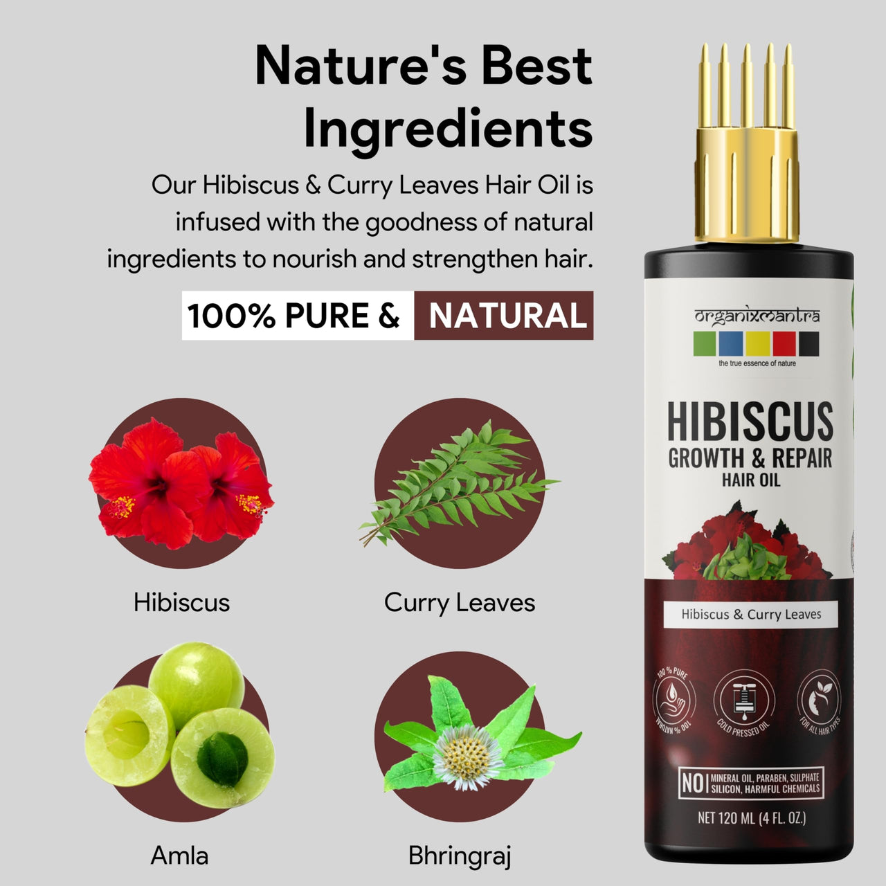 Organix Mantra Hibiscus & Curry Leaves Hair Oil | Advanced Follicle Activation | Infused with Bhringraj, Amla, Rosemary, Peppermint & Lavender Oils | Promotes Thicker, Stronger Hair 120ML