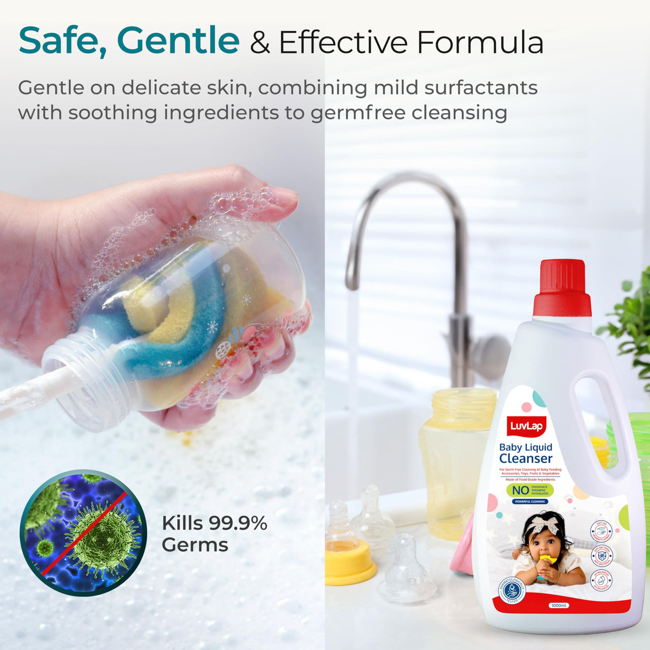 LuvLap Baby Liquid Cleanser 1000ml, For cleaning feeding bottle, cutlery, toys, fruits & vegetables, Kills 99.9% Germs, pH Balanced Dermatologically tested formula, No harsh chemicals, Bio-degradable