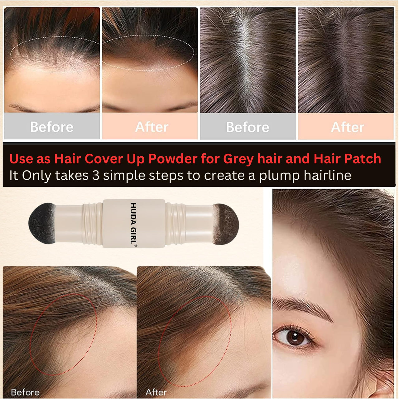HUDA GIRL Professional 2 in 1 Black & Dark Brown Hair Cover Up Powder & Grey Hair Coverage Touch Up Stick, Instant Hairline Powder Root touch up Solution, Cover Up Hair Powder for Women & Men