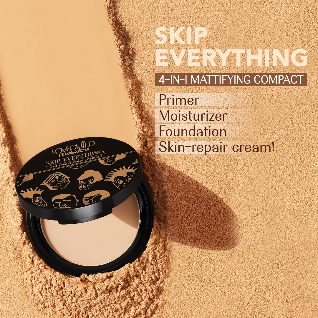 Lovechild Masaba 4-in-1 Mattifying Compact - Perfect Matte Coverage, Moisturizer, Primer & Skin Repair, With Macadamia Oil & Vitamin E, Moody Mama (Light) - 9g