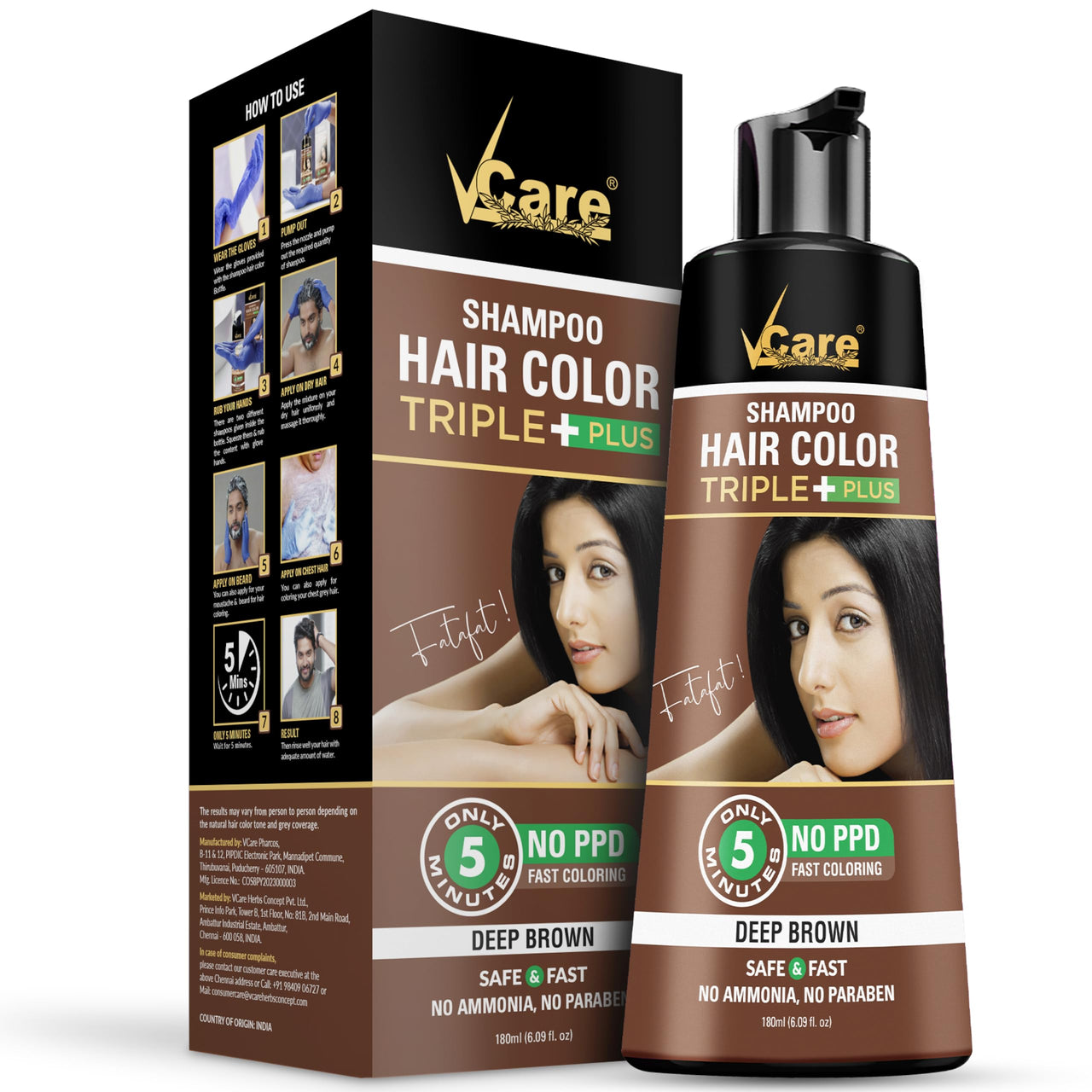 VCare Hair Colour Shampoo for Men and Women, 180ml, Deep Brown | No Ammonia | Long Lasting Hair Color | 100% Grey Coverage | Easy To Use Hair Colour At Home
