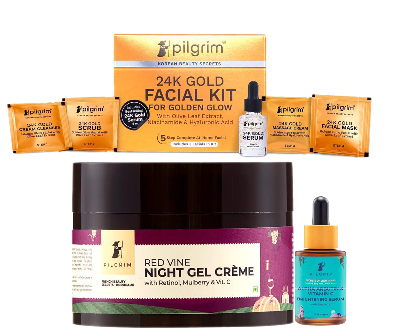 Pilgrim 24K Gold Facial Kit for Instant Radiance, French Red Vine Anti Aging Night Cream and Korean Alpha Arbutin & Vitamin C Face Serum (10 ml) | Retinol, Vitamin C, Vegan, Cruelty-Free, All Skin Types"