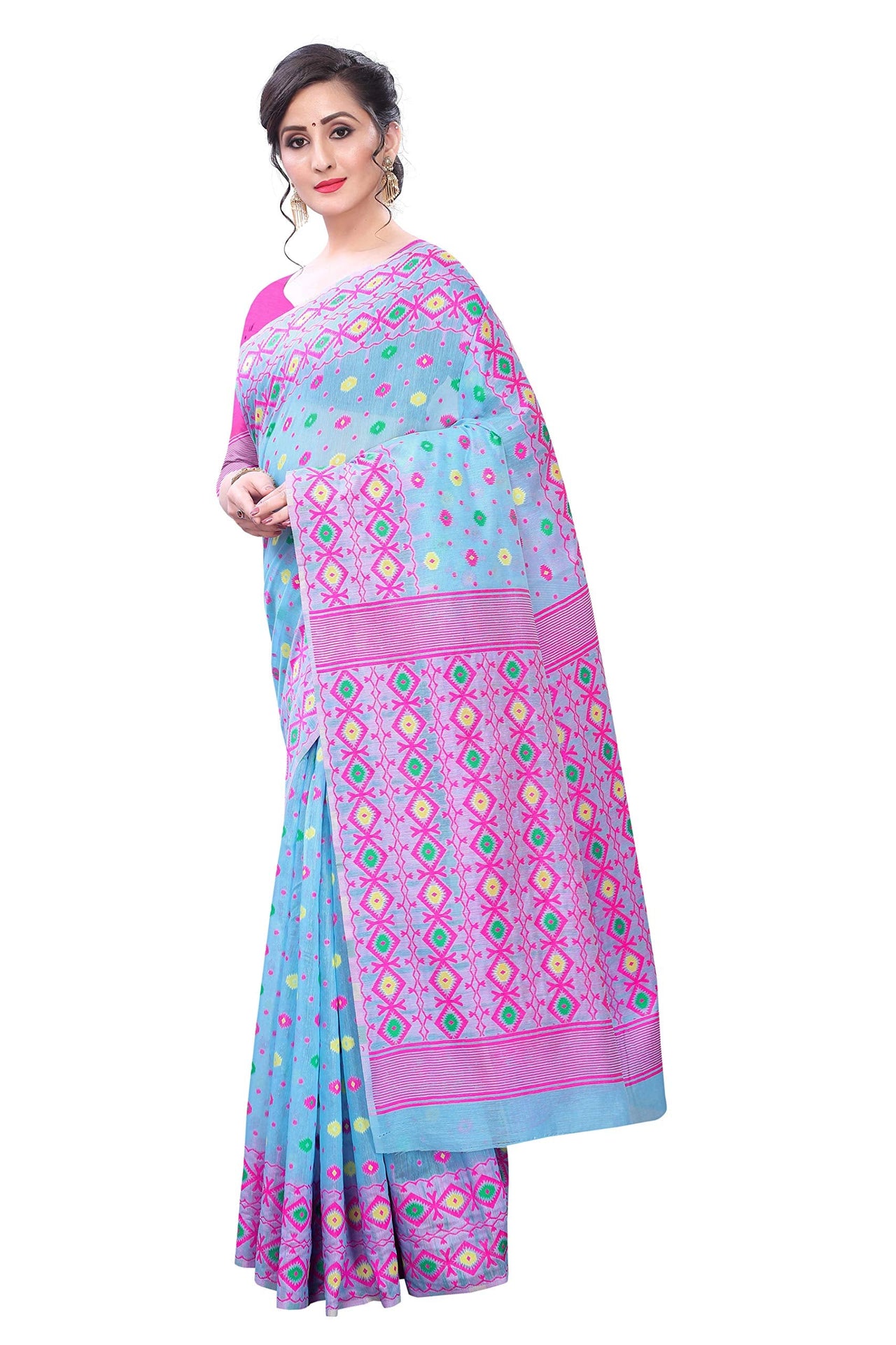 Enthone Women's  Pure Cotton Jamdani Saree With Unstitched Blouse Piece(Blue)