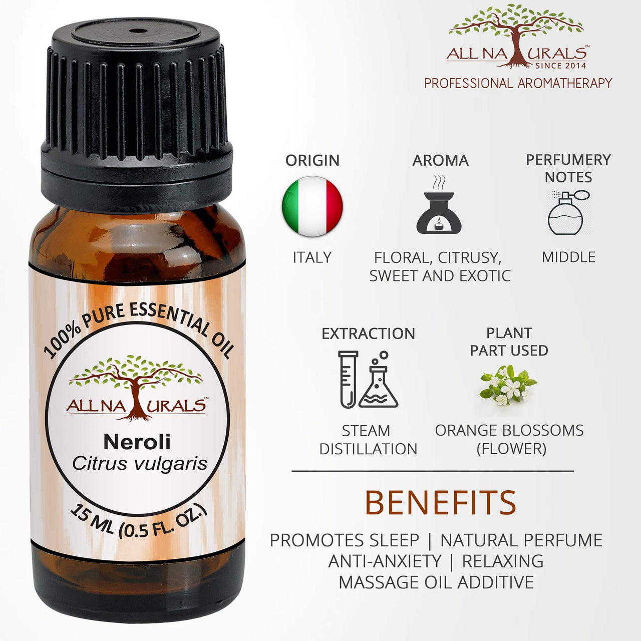 All Naturals Neroli Essential Oil 100% Pure for Clear Face, Glowing Skin, Sound Sleep & Diffusers, Deep Citrusy Floral Aroma - 15 mL