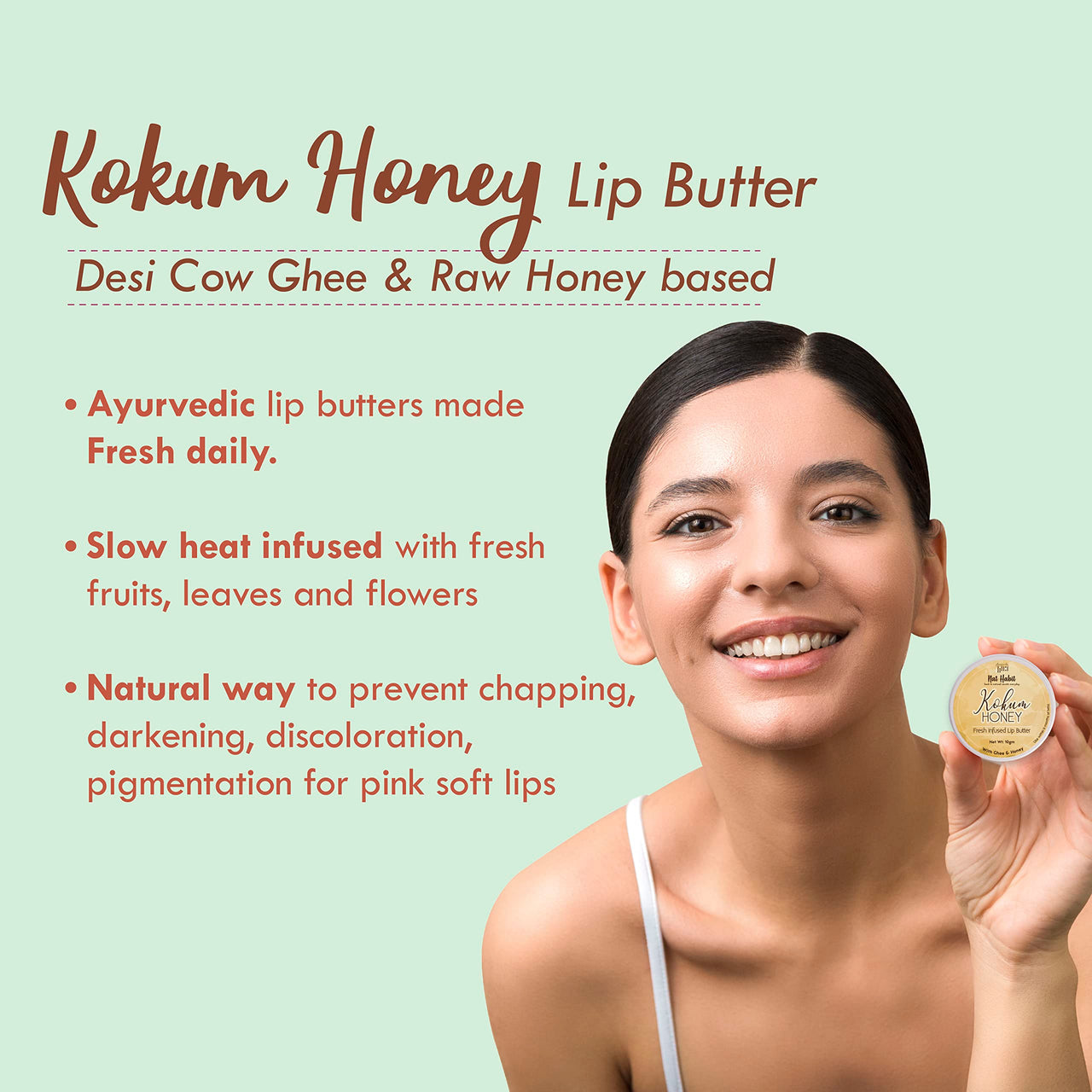 Nat Habit Kokum Honey Lip Balm Fresh Infused Lip Butter With Desi Ghee & Raw Honey For Lip Pigmentation, Lightening, Lip Repair, Dark And Chapped Lips (10gm) (Pack of 1)