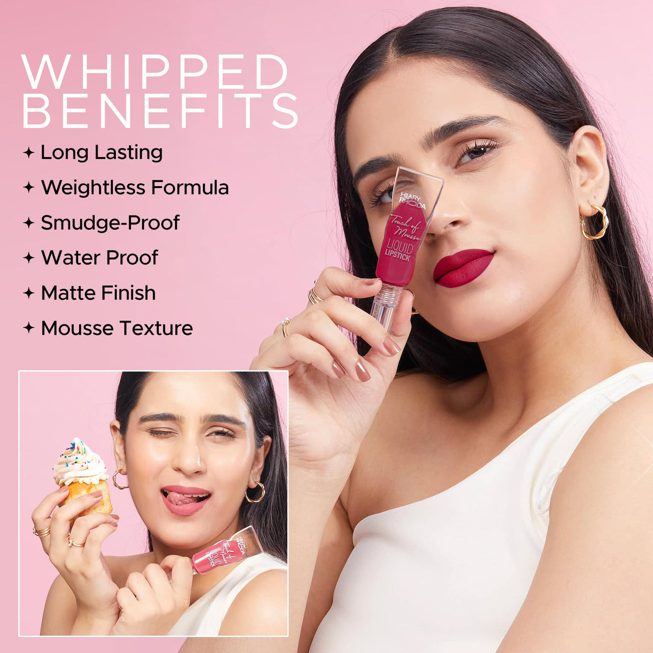 Hilary Rhoda Touch Of Mousse Lipstick | Matte Finish & Long Lasting | Infused with Vitamin E | Weightless & Liquid Lipstick with Mousse Finish | Smudge & Water Proof | Vegan - 5ml (Ruby Pink - Shade 08)