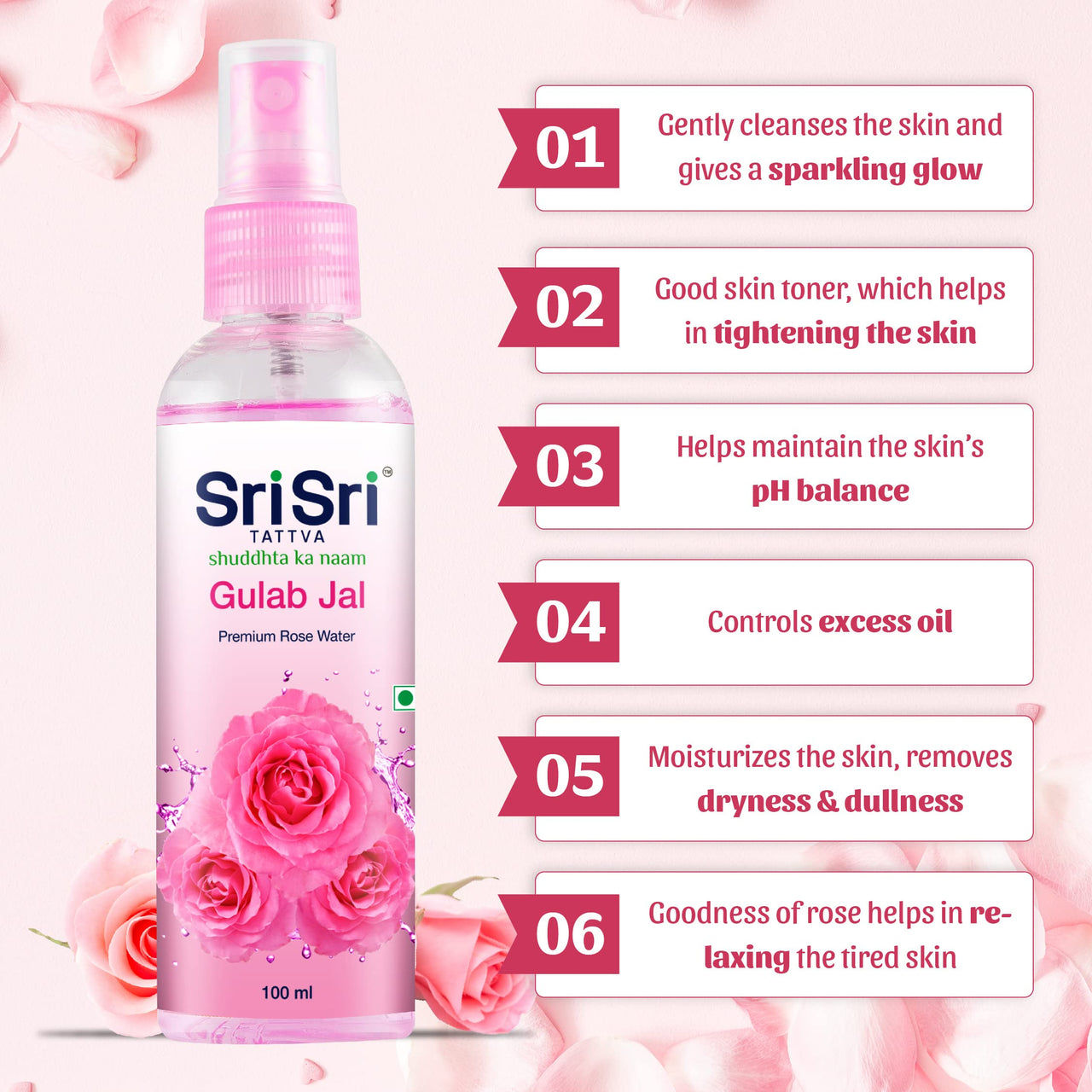 Sri Sri TATTVA shuddhta ka naam Gulab Jal Spray, 100ml (Pack of 6) - Pure Rose Water Mist for Hydrated, Glowing Skin - Premium Toner & Cleanser for Soft, Smooth Skin
