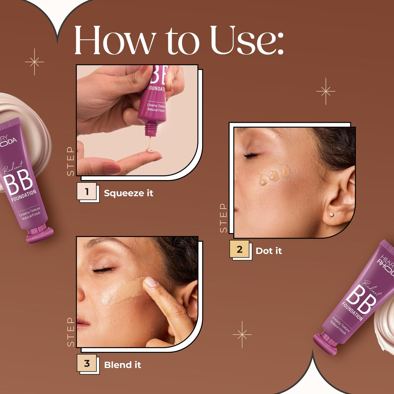 Hilary Rhoda Radiant BB Foundation | Ultra-Creamy & Lightweight Formula | 9 to 5 Stay | Hides Blemishes & Dark Spots | Blends Easily | Dewy Finish | 60g (Natural| Shade 04)