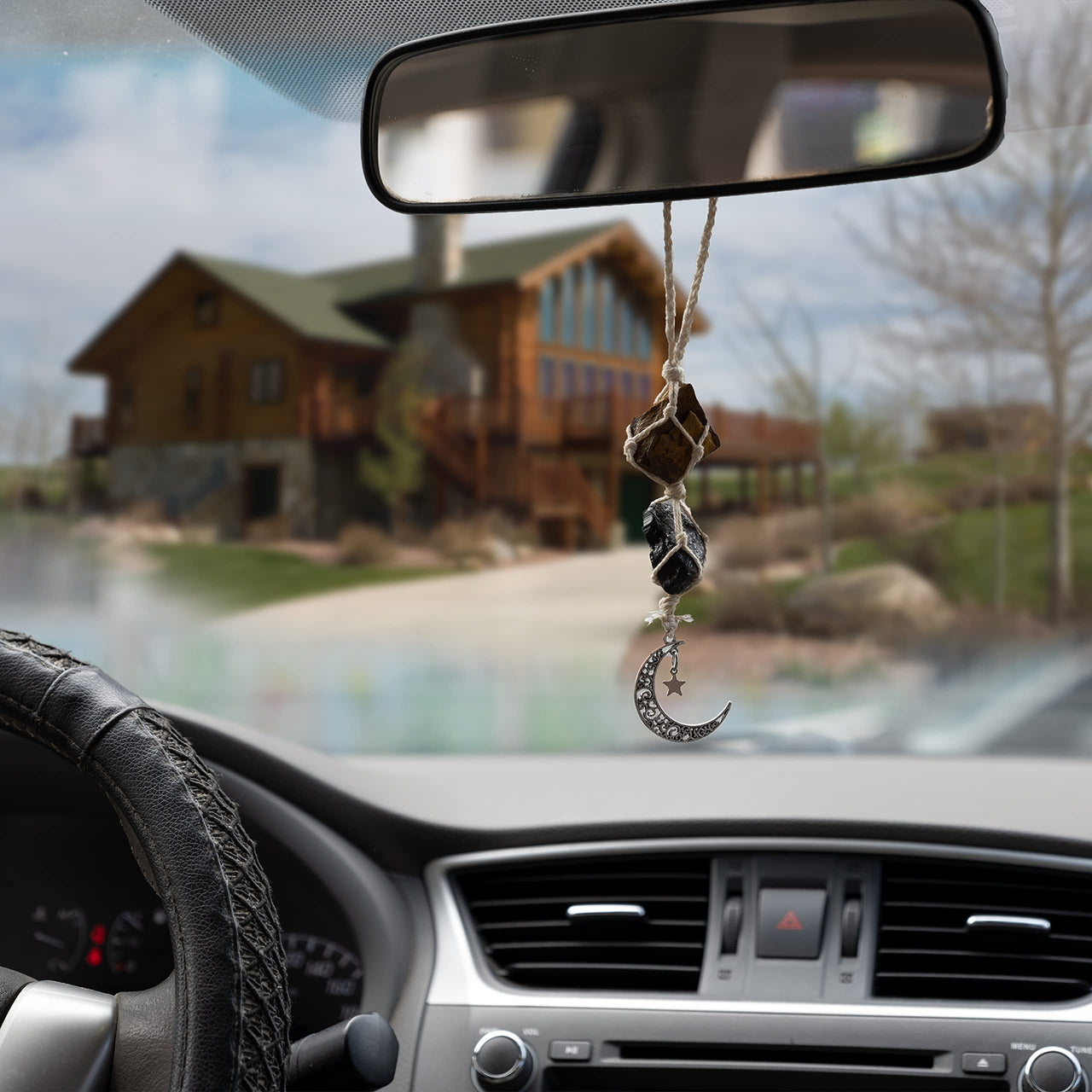 BOHO GARDEN Hanging Car Charm - Tiger Eye & Black Tourmaline - Dangling Moon, Healing Crystal Accessories, Rearview Mirror Decorations - Grounding, Confidence, Protection, Courage, Resilience, Energy Tiger's  Eye-tourmaline
