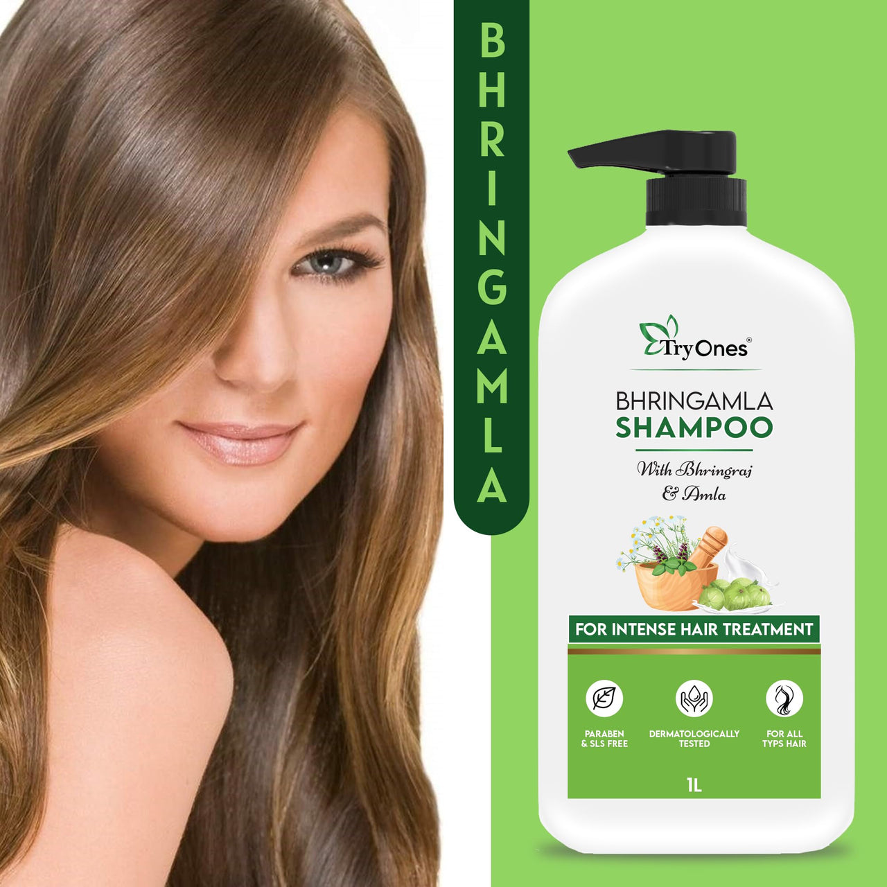 TryOnes Natural Amla & Bhringraj Shampoo/Cleanser for Controlling Dandruff & Hair fall | Paraben & Sulphate-Free | Suitable for All Hair Types, 1000ml