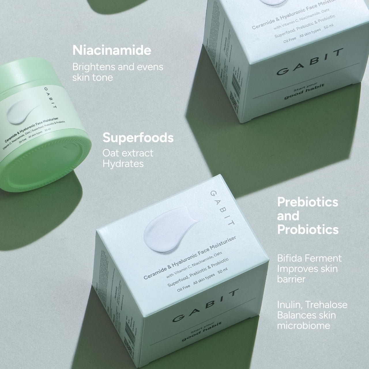 Gabit Ceramide & Hyaluronic Face Moisturiser | Lightweight Moisturizer to Hydrate & Brighten Skin | With Vitamin C, Niacinamide, Oats | For Women and Men | Oil Free for All Skin Types | 50ml