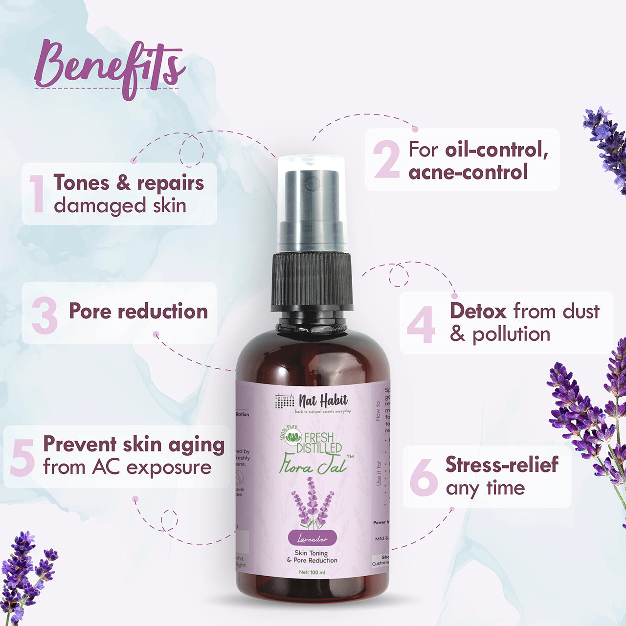 Nat Habit - 100% Pure Lavender Jal - Lavender Water - Toner, Face-Mist, Astringent & Face Spray- Ayurvedic Steam-Distilled For Oil-Control, Acne-Control, Skin Hydration (Pack of 1, 100 ml)