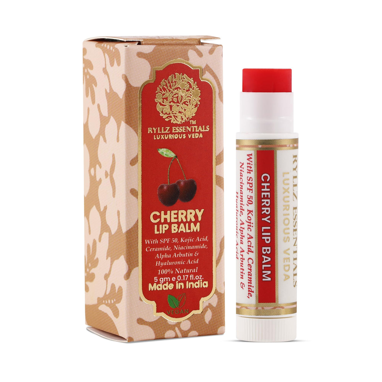 RYLLZ ESSENTIALS Cherry Lip Balm | SPF 50 PA+++ | With Shea Butter, Kojic Acid, Ceramide, Niacinamide, Alpha Arbutin & Hyaluronic Acid | Red Tint | For Lip Lightening & Moisturized Lips | 5 Gm