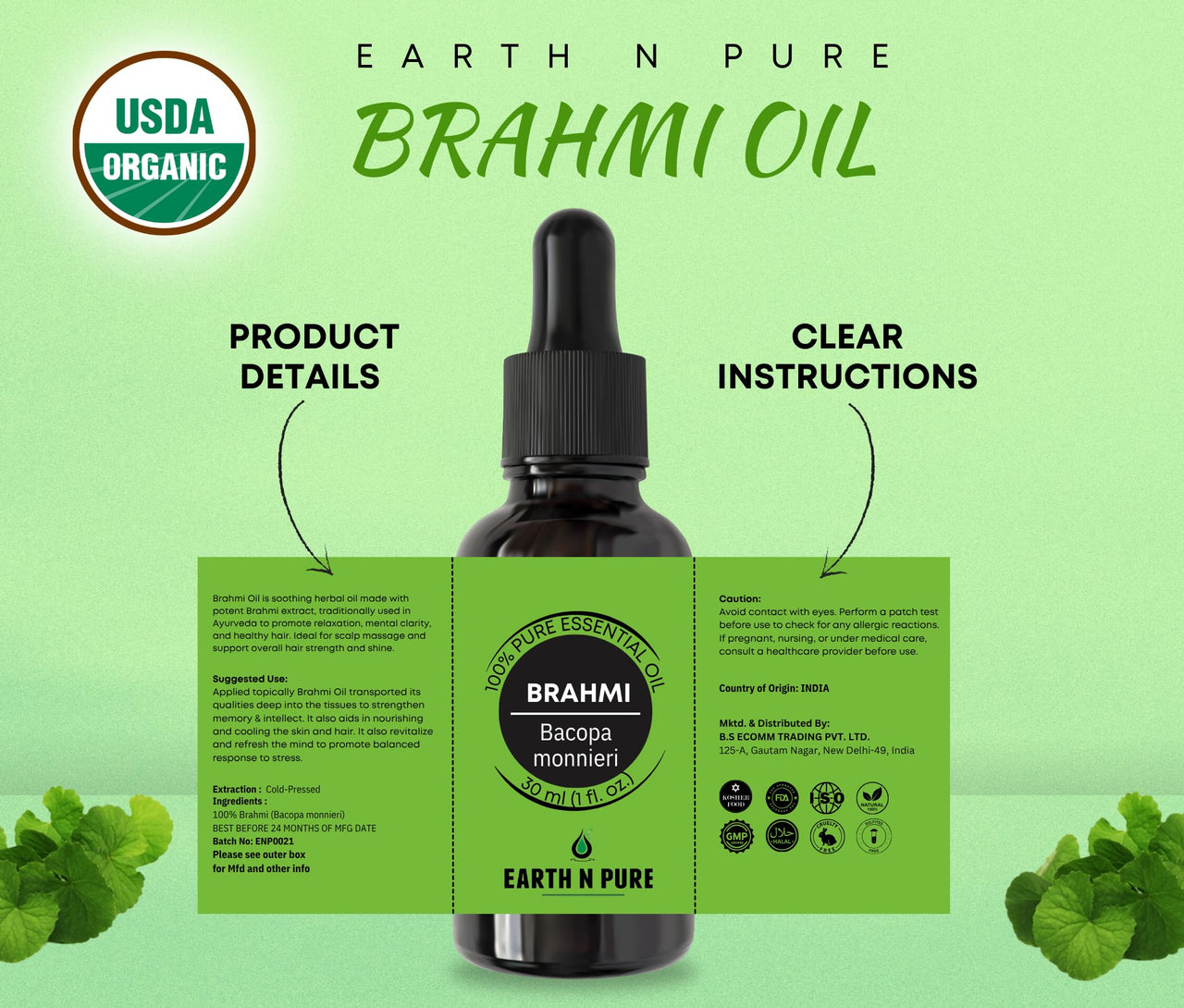 Earth N Pure Brahmi Oil for Hair, Cold Pressed, Natural and Therapeutic Grade - 30 ML