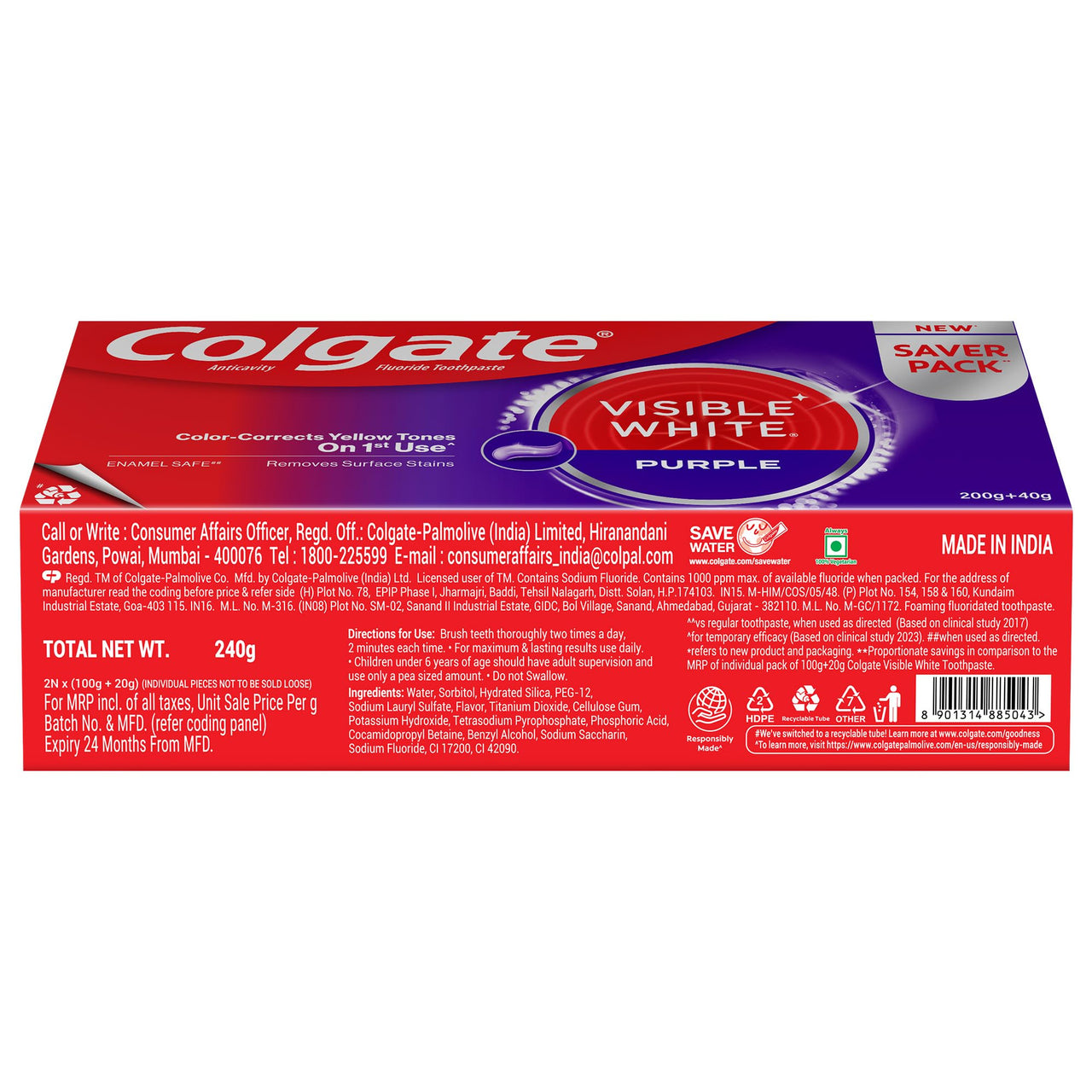 Colgate Visible White Purple Visible White Purple 200+40g 240 gm Tube