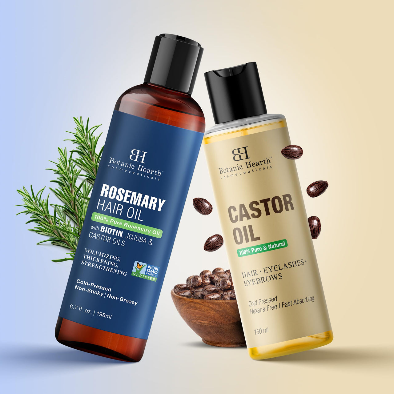 Botanic Hearth Castor Hair Oil, 150 ml & Rosemary Hair Oil, 198 ml Combo Set – Nourishing Hair Treatment for Strengthening, Growth & Scalp Care – 100% Pure & Natural Oils