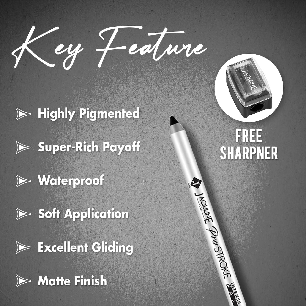 Jaquline USA Pro Stroke Intense Gel Matte Kajal And Sharpener 1.2Gm | Waterproof, Smudgeproof & Fadeproof | Longlasting | Super Black Kajal | With Free Sharpener | Nourished With Castor Oil