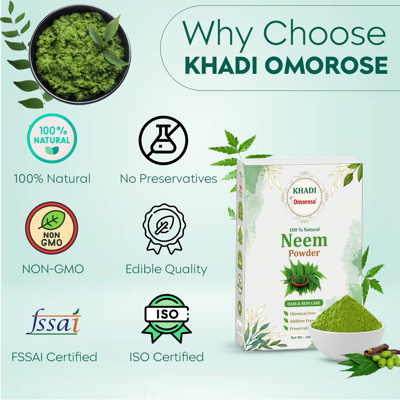 Khadi Omorose Neem Powder 100% Pure & Natural for Skin & Hair Care, Skin Brightening, Fights Dandruff, Controls Excess Oil, Fights Acne and Pimples | 200 Grams | Resealable Zipper Pouch