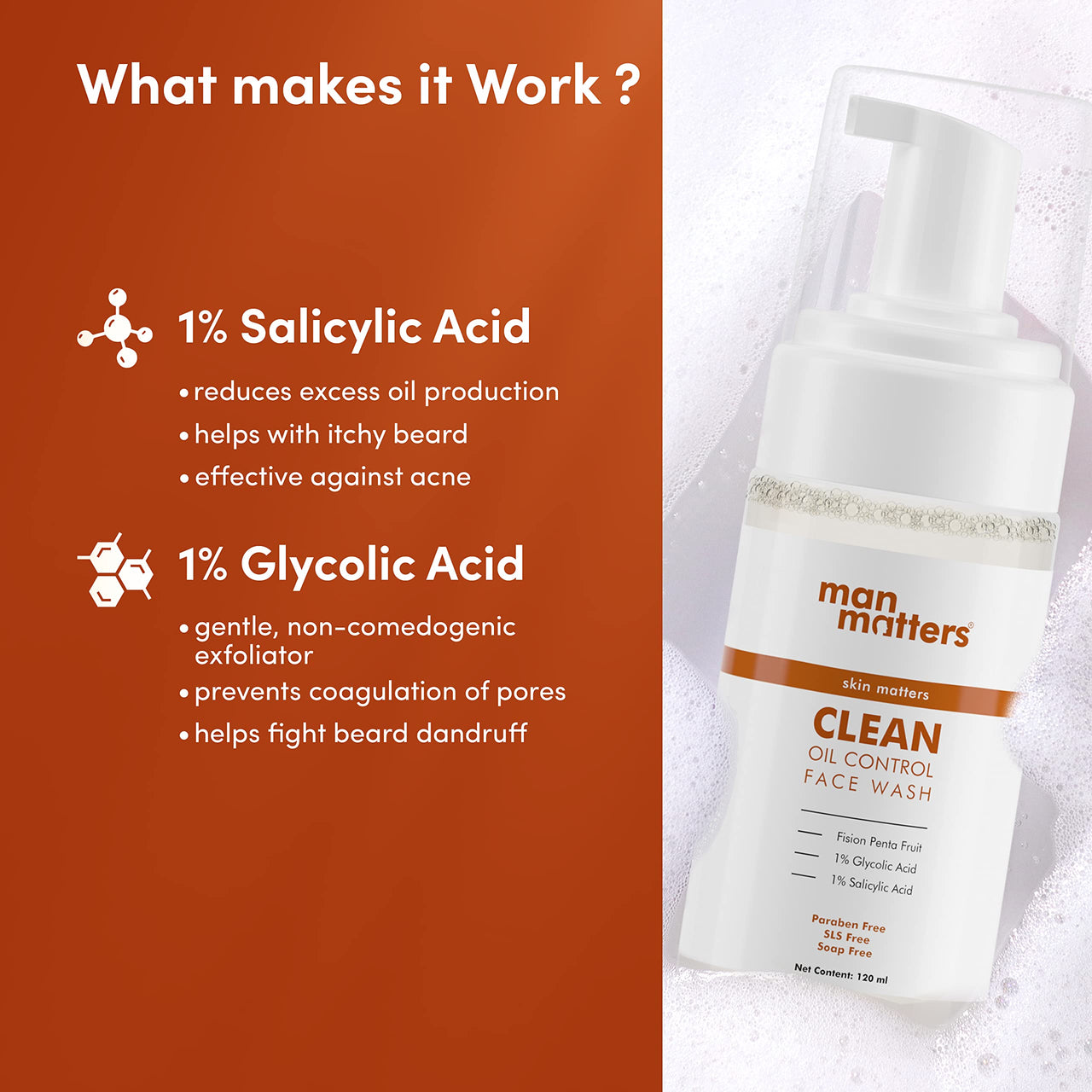 Man Matters 1% Salicylic Acid Oil Control Face Wash And 2% Salicylic Acid Defend Acne Spot Correction Gel For Men | 1% Glycolic Acid | Reduces Acne, Acne Spots & Blemishes 120ml