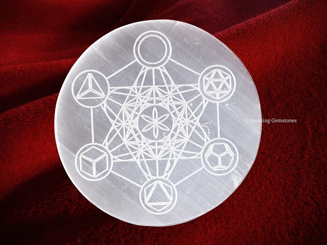 Selenite Crystal Charging Plate For Crystals And Healing Stones, 4.5" Selenite Crystal Plate Engraved Platonic Metatron Cube Coaster For Home Office Table Decor (Selenite Round Disc) Metatron (Platonic Solid)