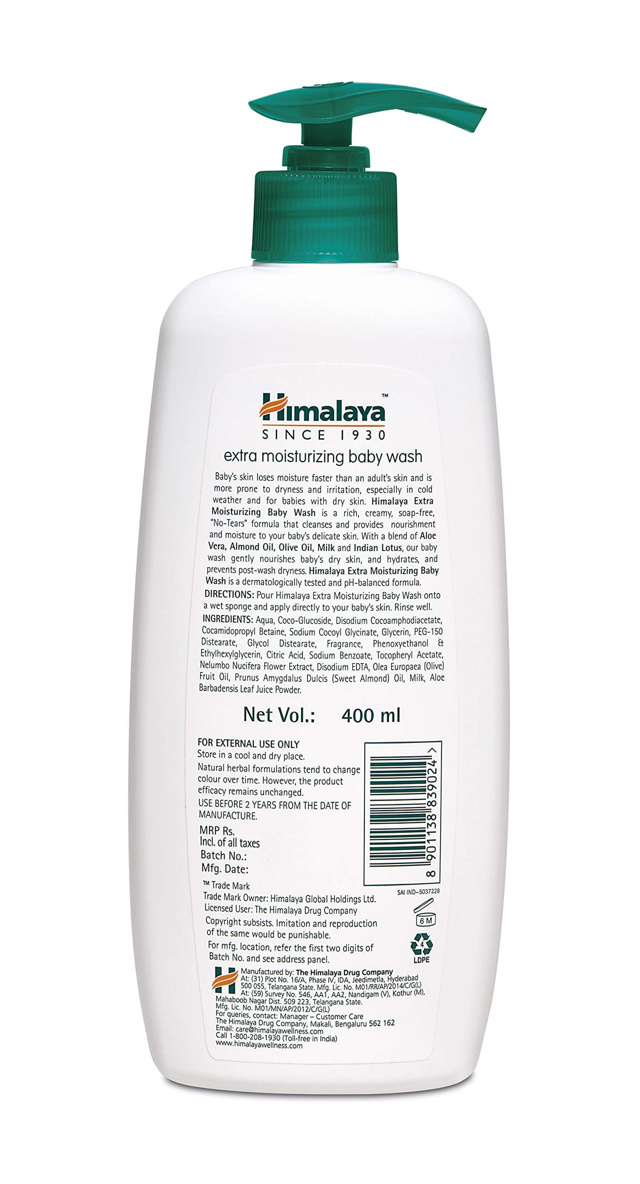 Himalaya Extra Moisturizing Baby Wash, 400 ml & Himalaya Gentle Baby Shampoo (200ml)