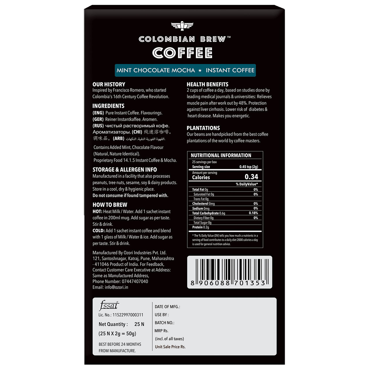 Colombian Brew Mint Chocolate Mocha Instant Coffee, No Sugar Vegan, 50g & Colombian Brew Coffee, 100% Arabica Green Coffee Powder 200g