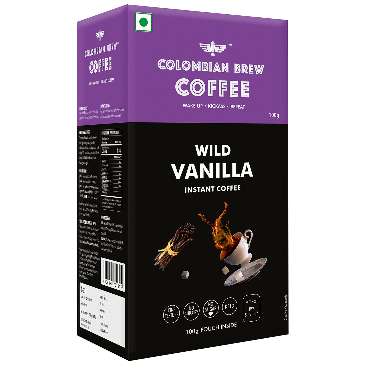 Colombian Brew Vanilla Instant Coffee Powder, No Sugar Vegan, 100g & COLOMBIAN BREW COFFEE Hazelnut Instant Coffee Powder, No Sugar Vegan, 100g, Box