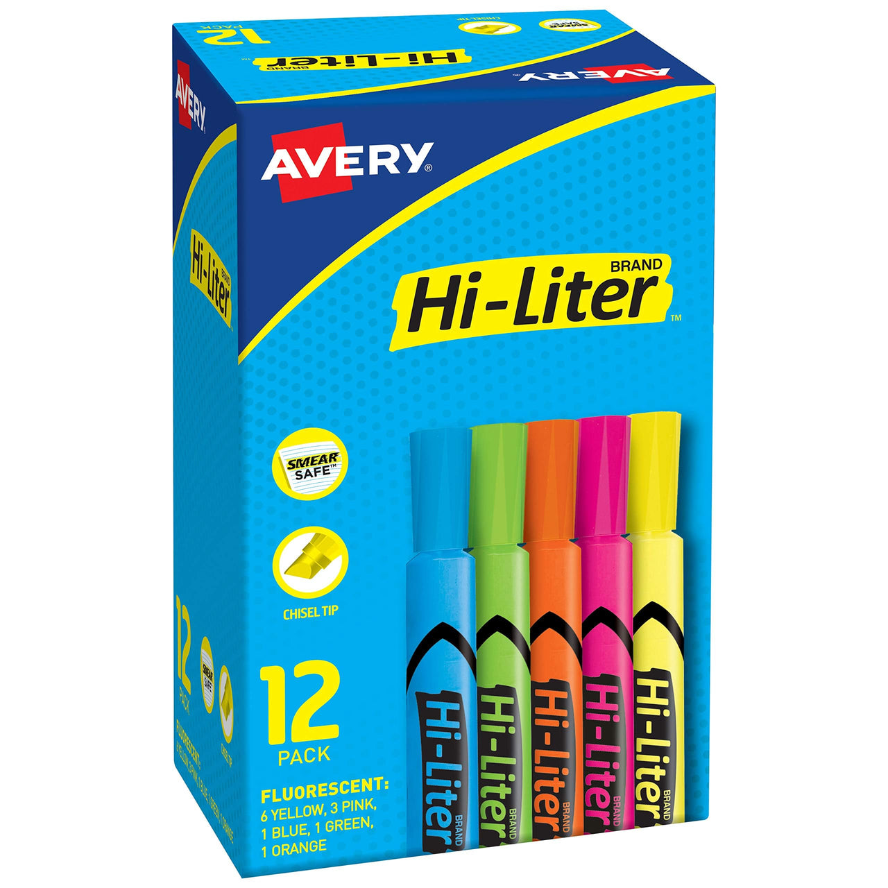 AVERY Hi-Liter Desk-Style Highlighters, Smear Safe Ink, Chisel Tip is great for sketch book art, 12 Assorted Colors (98034) 12 Count (Pack of 1) 12 highlighters