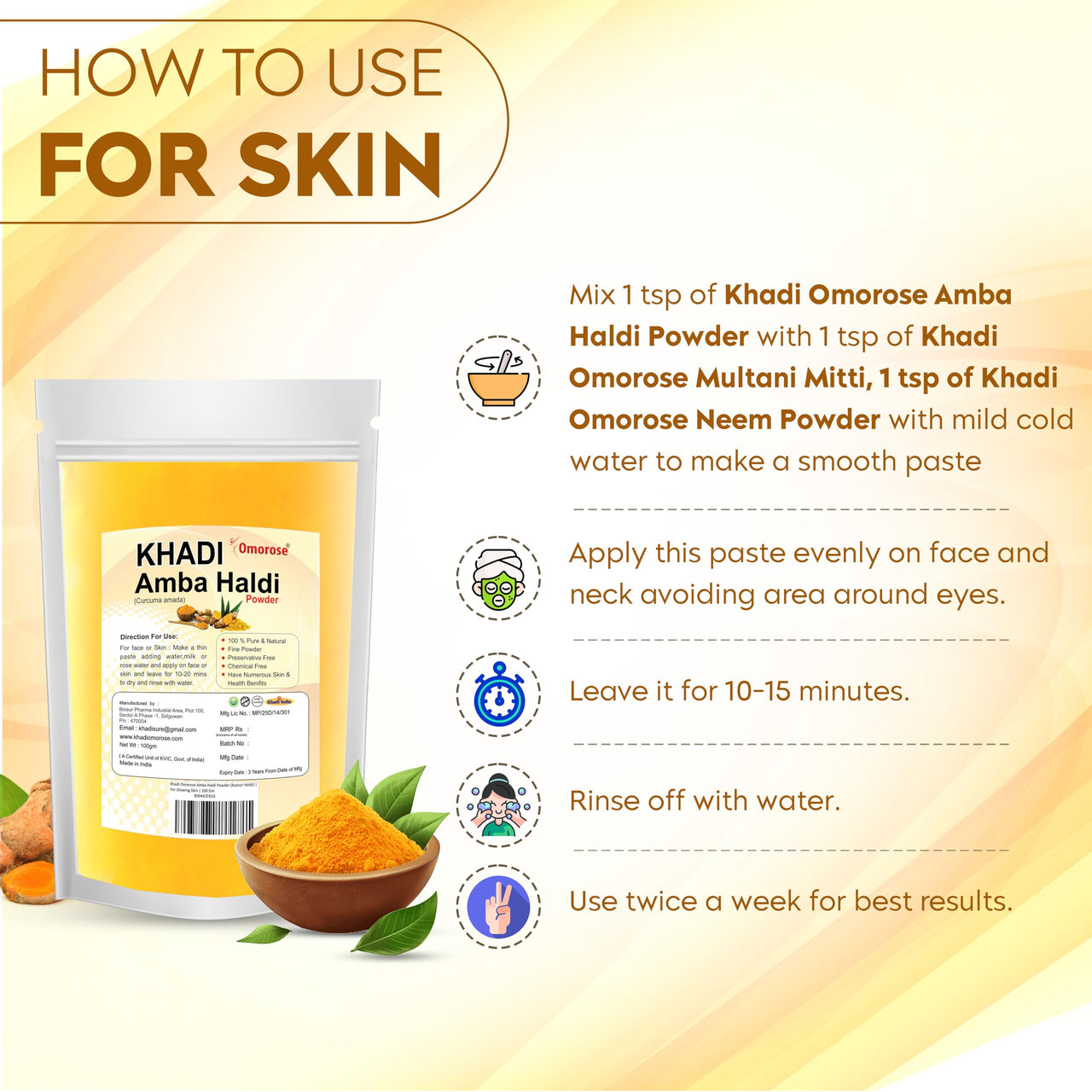 Khadi Omorose Kasturi Haldi (Amba Haldi) Powder | For Glowing Skin | 100 Gm