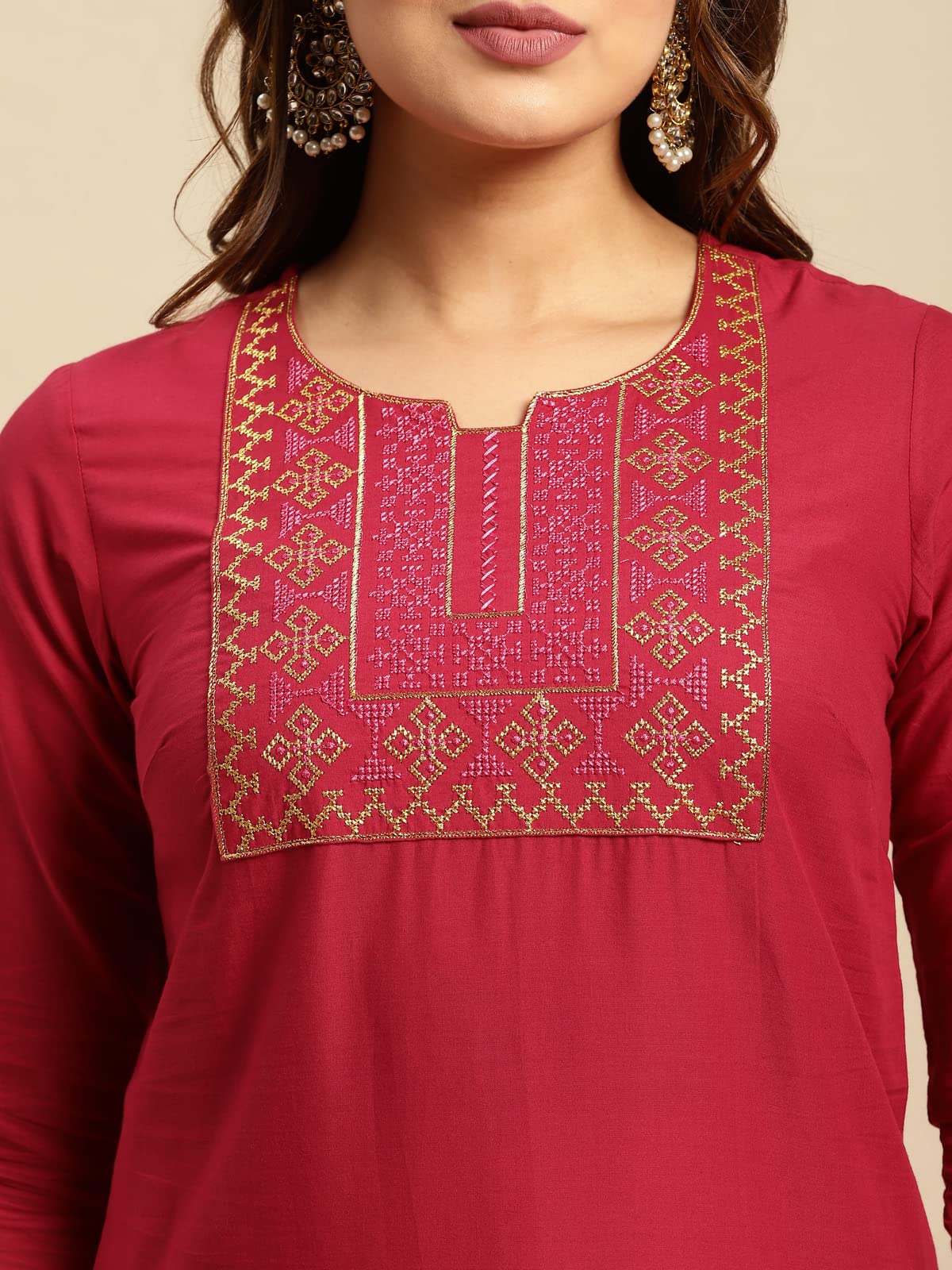 rangita Women 100% Cotton Yoke Zari Embroidered Knee Length Straight Kurti