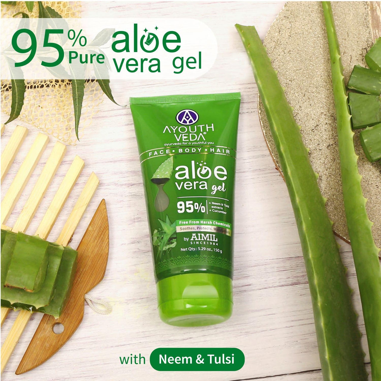 Ayouthveda Aloe Vera Gel 150 gm for Face, Body & Hair | Aloe Vera Skin/Hair Gel With Neem & Tulasi Vitamin Extracts | Calms Sunburn & Promotes Even Skin Tone (Pack Of 3;150ml each)