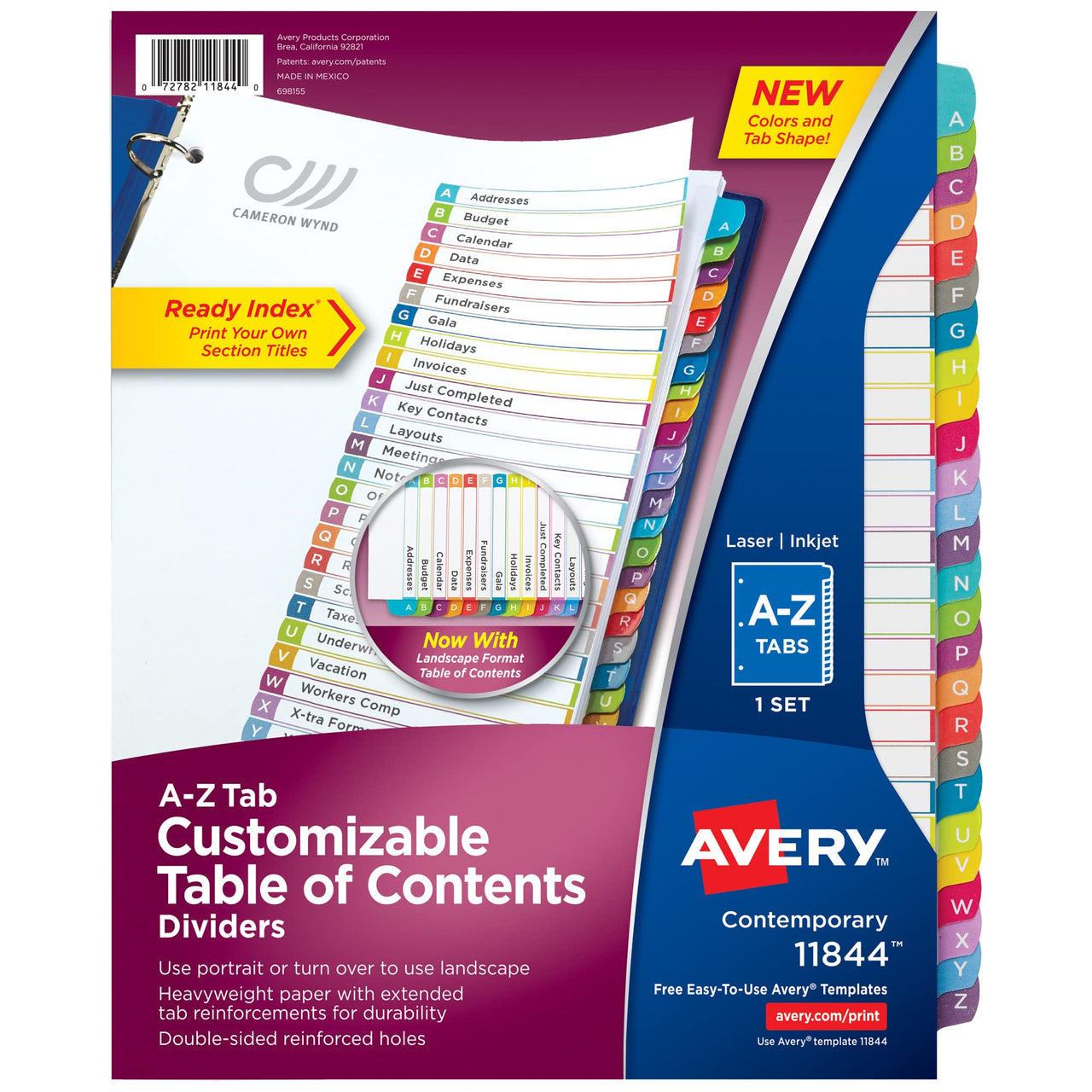 Avery A-Z 26 Tab Dividers for 3 Ring Binders, Customizable Table of Contents, Multicolor Tabs, 1 Set (11844) Contemporary