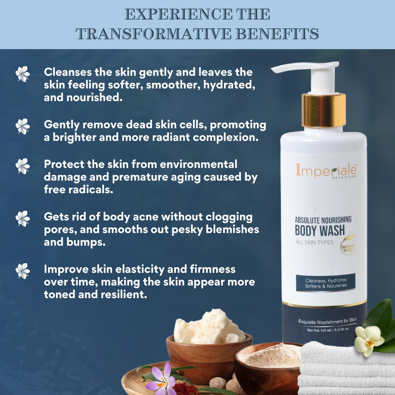 Imperiale Botanique Absolute Nourishing Body Wash | FDA Approved | Saffron, Niacinamide, Shea Butter & Silk Protein | Deeply Moisturizes, Softens & Nourishes for Radiant, Smooth Skin | Women & Men | 15 Herbs, 250 ML