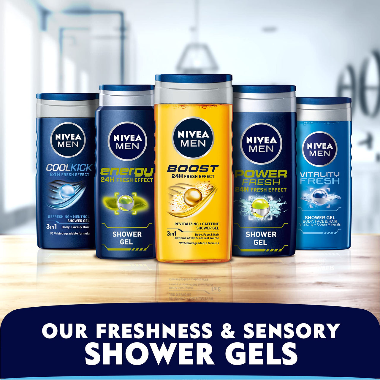 NIVEA Men Body Wash, Cool Kick with Refreshing Icy Menthol, Shower Gel for Body, Face & Hair, 250 ml